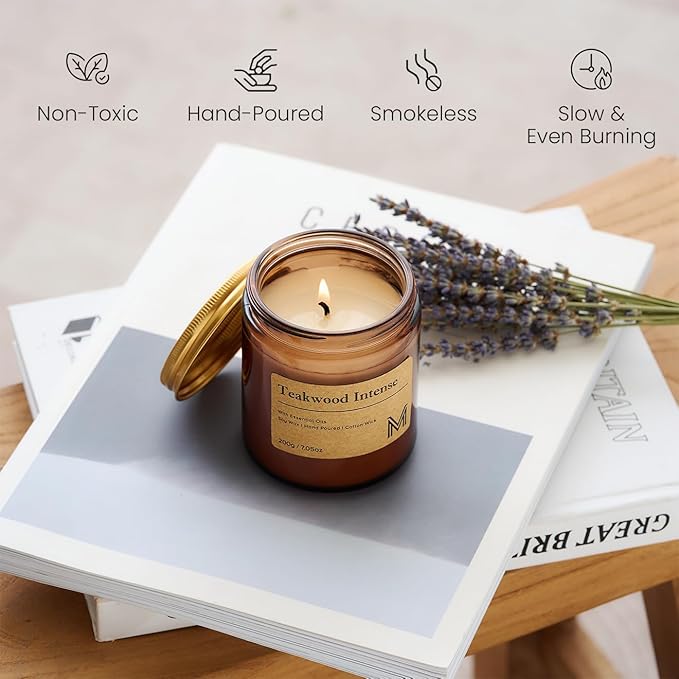 M&SENSE Teakwood Intense Scented Christmas Candle Gift, Aromatherapy Candle Set for Women, Soy Wax Candles Home Scented, Long Lasting Amber Jar Candles Gift for Christmas, Thanksgiving, Holiday