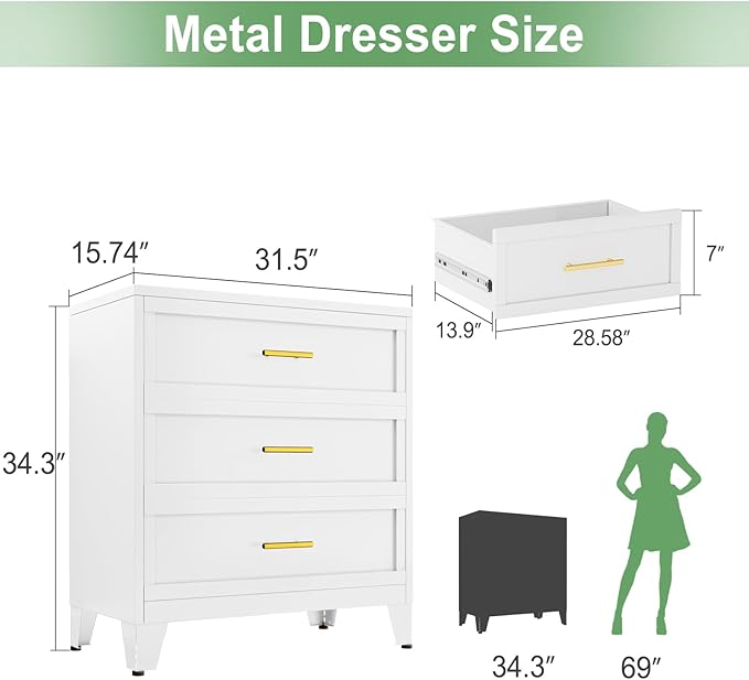 Ckzbx Metal Dresser for Bedroom 3 Drawers Dresser Metal Storage Organizer,34.25" H Drawer Chest, Closet Organizers for Living Room, Hallway, Closet