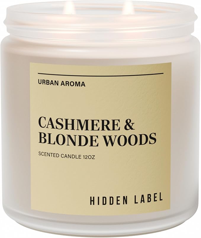 Cashmere Blonde Woods Soy Candle, 12oz Natural Soy Wax, 2 Wick Aromatherapy Candles for Home Scented, 70Hours Clean Burn, Non Toxic, Long Lasting, Gifts for Women, Men, Stress Relief, Relaxation