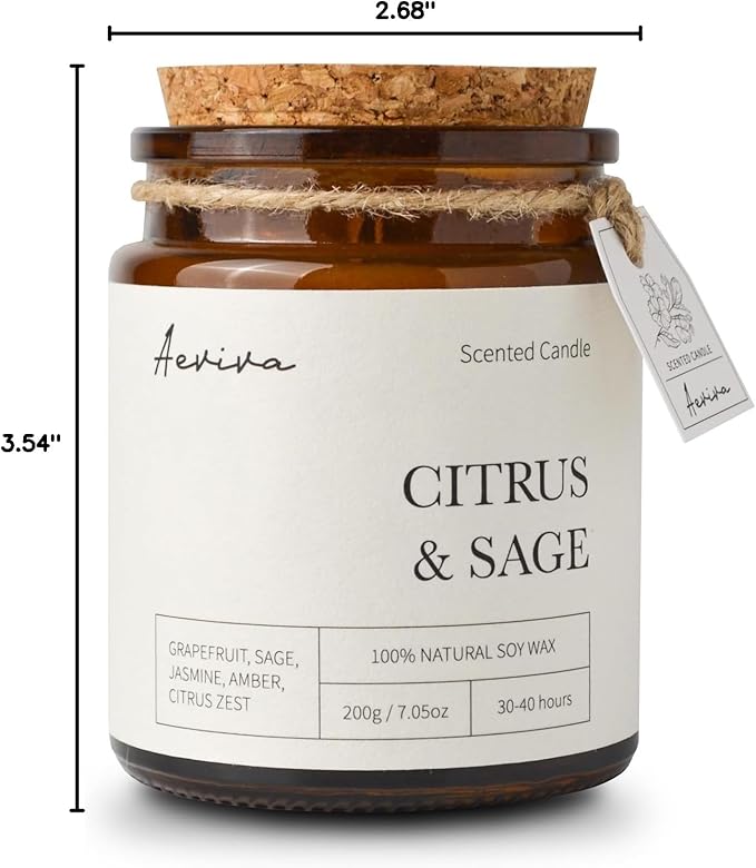 Scented Candle, 7.05 oz Citrus & Sage Aromatherapy Candle, Natural Soy Wax with Wooden Wick, Candles for Home Scented, Stress Relief Amber Jar Candle Gifts