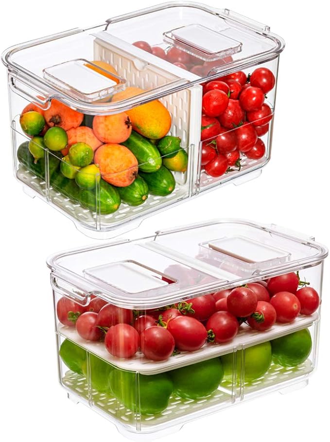 Slideep Food Storage Containers Fridge Produce Saver, Stackable Refrigerator Organizer Keeper Foldable lid with Removable Drain Tray for Produce, Fruits, Vegetables 2800 ml - 2 Pack