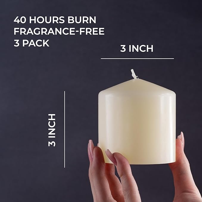 CANDWAX 3x3 Pillar Candle Set of 3 - Dripless Pillar Candles for Home - Elegant Ivory Candles for Relaxing Atmosphere