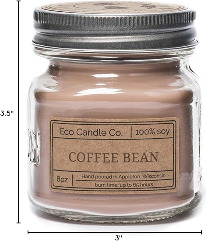 Eco Candle Co. Mason Jar Candle, Coffee Bean, 8 oz. - Scents of Coffee Beans & Hazelnut - 100% Soy Wax, No Lead, Kraft Label & Antiqued Pewter Lid, Hand Poured, Made from Midwest Grown Soybeans