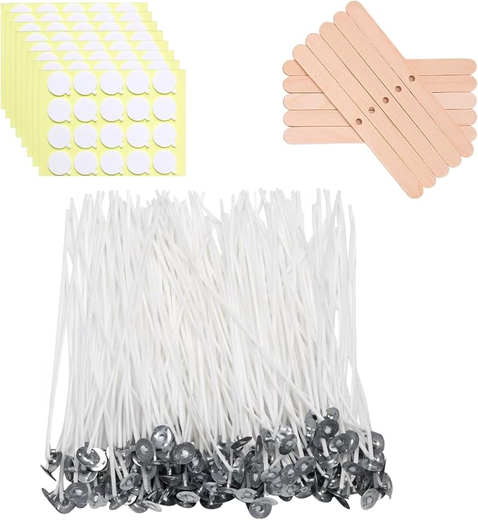 160Pcs 8 inch Pre Waxed Candle Wick with 160pcs Wick Stickers and 10Pcs Candle Wick Holders, Bulk Cotton Candle Wicks for Candle Making, Soy Wax