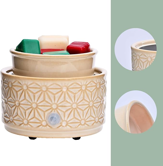 ASAWASA Candle Wax Melt Warmer with 1 pc Silicone Liner,Ceramic Wax Warmer,3-in-1 Candle Wax Melter and Fragrance Warmer for Warming(White Hexagon Pattern)