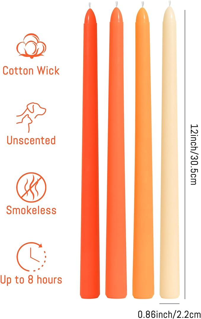 Viyffo Taper Candles, 12 Inch, 4 Pack, Orange – Unscented, Smokeless Design, Up to 8-Hour Burn – Tall Candlesticks for Table Decor, Weddings & Dinners