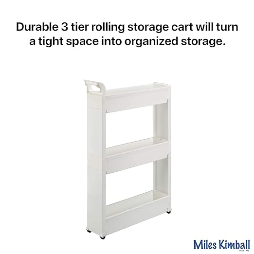 Miles Kimball Slim Storage Cart with 3 Baskets/Shelves and Rolling Casters for Kitchen, Laundry, and Small Space Storage, Durable Plastic - Measures 21" Long x 5" Wide x 28 1/4" High