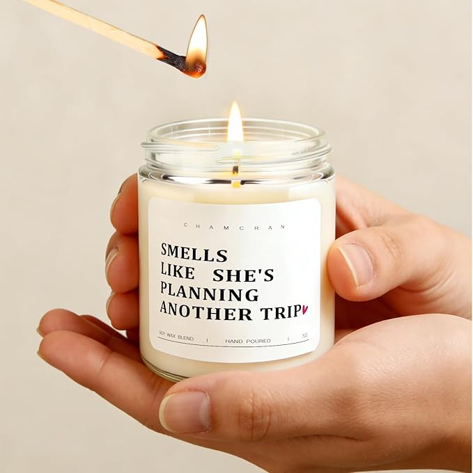 Travel Gifts for Women - Smells Like She is Planning Another Trip - Scented Glass Jar Candle, Unique Gift for Travel Lover, Wanderlust Birthday Gift Idea for Her, Friend, Sister