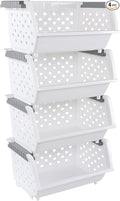 Set of 4 Plastic Stackable Storage Baskets, Stackable Organizer Bins for Kitchen, Pantry and Bathroom, White