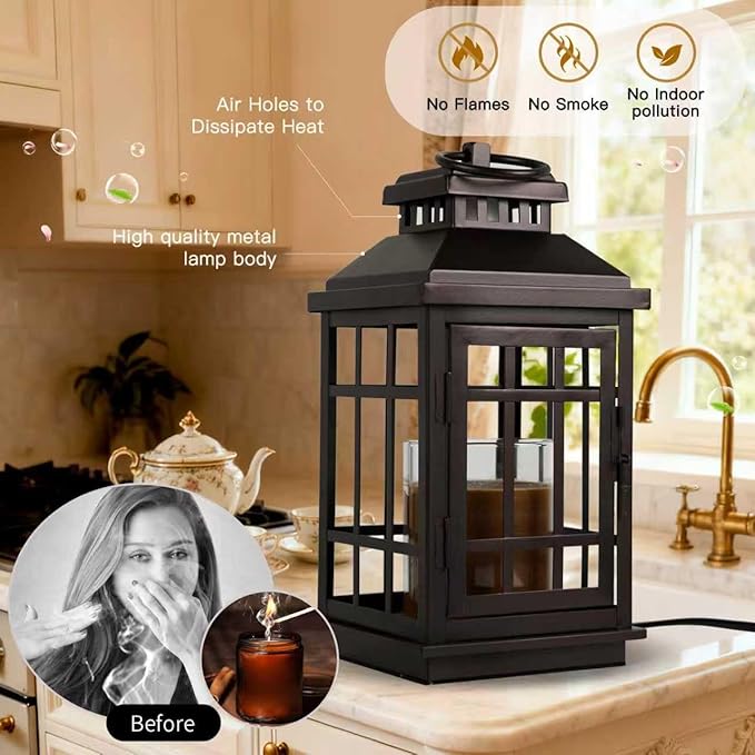Candle Warmer Lamp with Timer, Farmhouse Enclosed Lantern Style for Jar Candles Under 4" in Diameter, Dimmable Auto Shut-Off Flameless Lamp, Housewarming Gift with 2 Bulbs (Coffee Gold & Black)