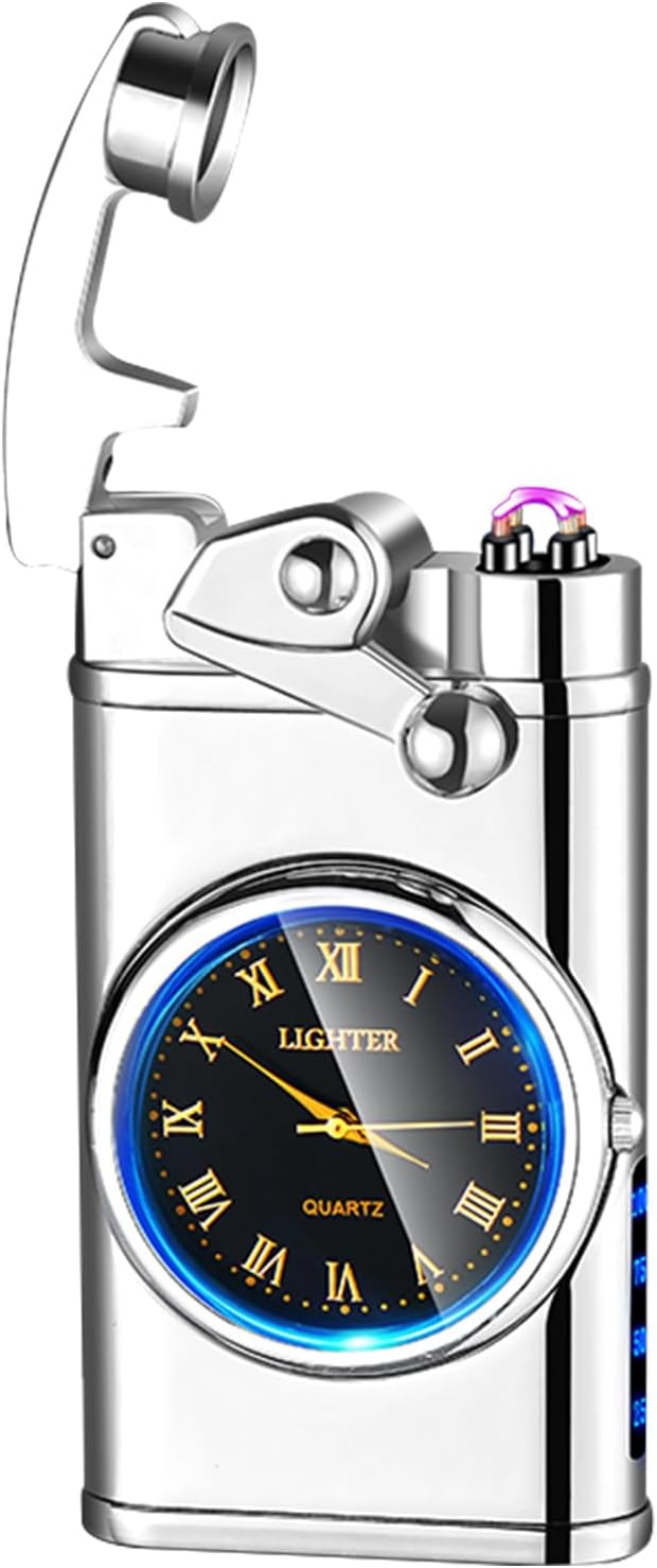 Electric Lighter USB Rechargeable Lighters, Windproof Dual Arc Plasma Lighter, Flameless Electronic Cool Lighters with LED Battery Indication for Men (Silver Clock)