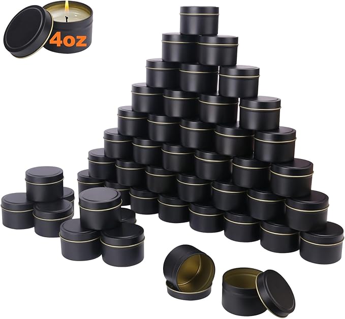 72 Pack 4 oz Black Metal Candle Tins with Lids, Round Bulk Metal Candle Jar, Matte Finish, Round 4 oz Candle Tins for DIY Candle Making and Storage
