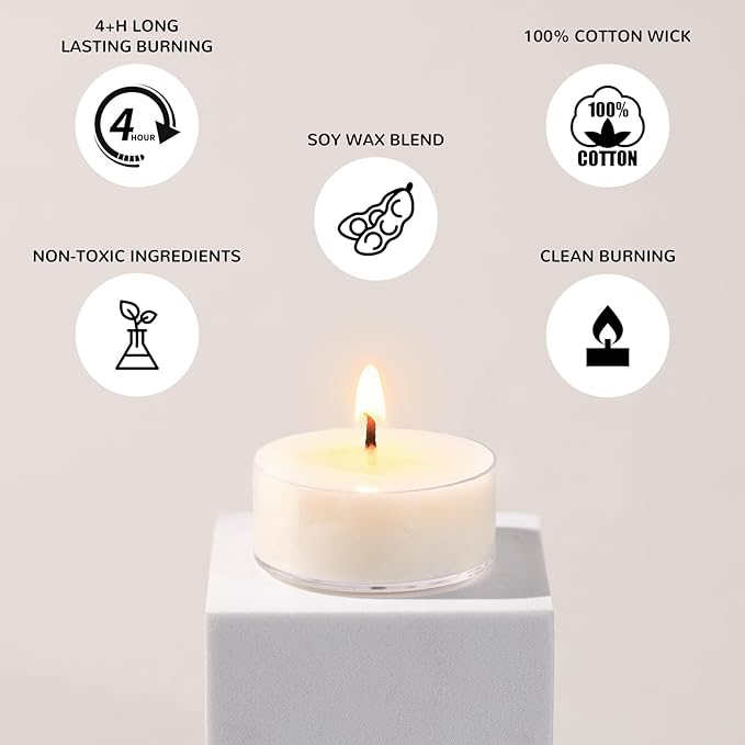 DEVI 200 Pack Soy Wax Tea Lights Candles 4 Hours Paraffin-Free, Pure Soy White Small Votive Tea Candles for Emergency,Unscented Tealight Candles for Home, Christmas Table Decor
