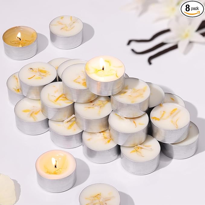 8 Pcs Vanilla Scented Tealight Candles, 6H Long Burning - 100% Palm Wax Based Scented Tea Lights with Dried Flowers, Non-Toxic/Smokeless Tea Lights Candles Bulk for Spa, Bath, Wedding