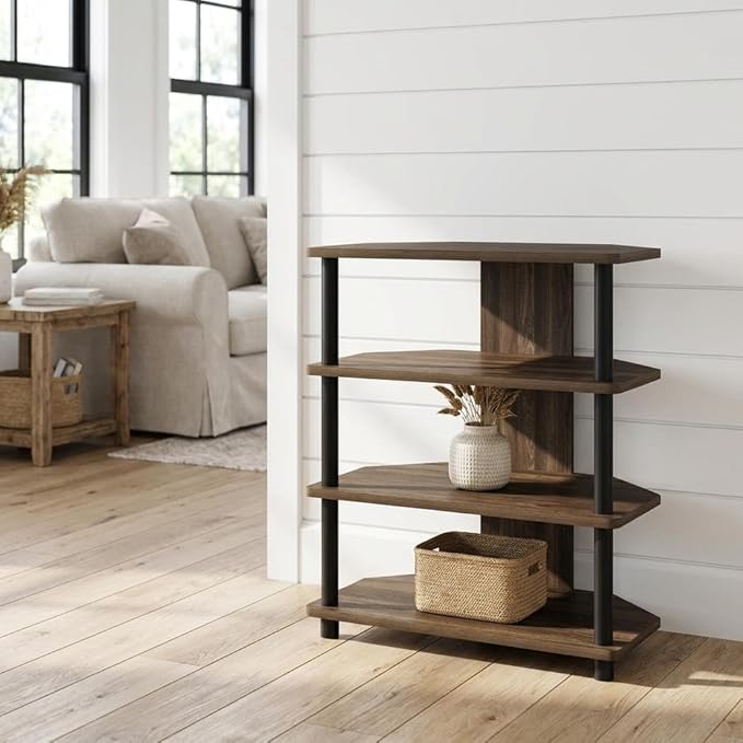 Furnifact White 4-Tier Petite TV Stand, Wood, Modern Design, Walnut/Black Finish, Space-Saving, Durable Storage