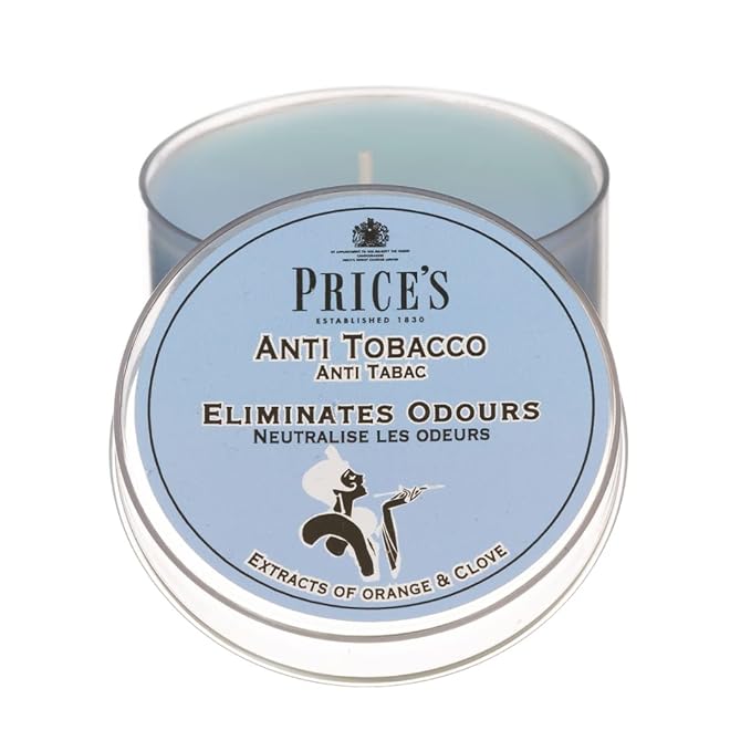 Price's - Anti-Tobacco Tin Candles - Odour Eliminating - Made with Orange and Clove Extracts - Clean, Fresh, Quality Fragrance - Long Lasting Scent