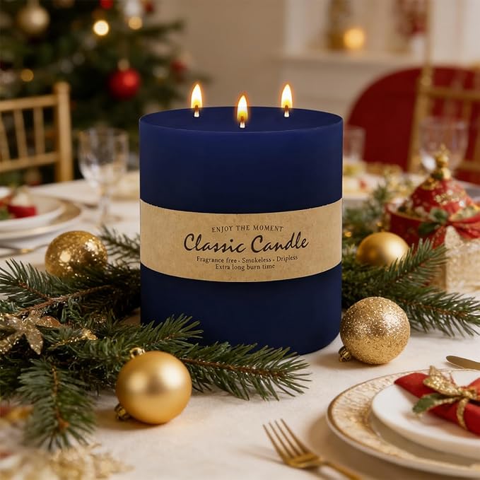 Large 3-Wick Navy Blue Pillar Candle - 6x6 Inch Dripless & Smokeless Unscented Fat Candle, 120 Hour Long Burning Hand-Poured Thick Candle with Cotton Wicks