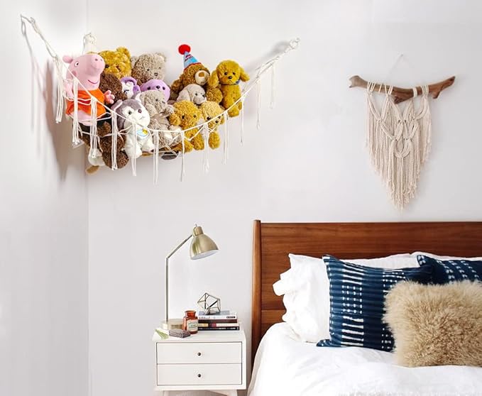 YKBU Stuffed Animals Hammock Corner Hanging Net Macrame Stuffed Animal Storage Plush Toy Holder Toy Organizer for Boho Nursery Playroom Bedroom Kids Room (cream, M)
