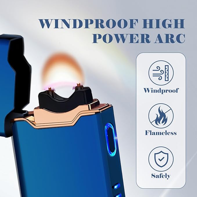BABOBIU Windproof Lighters Rechargeable Electric Lighters Plasma Lighter with LED Light Power Display Cool Lighter for Fire BBQ Candle Indoors Outdoors (Blue)