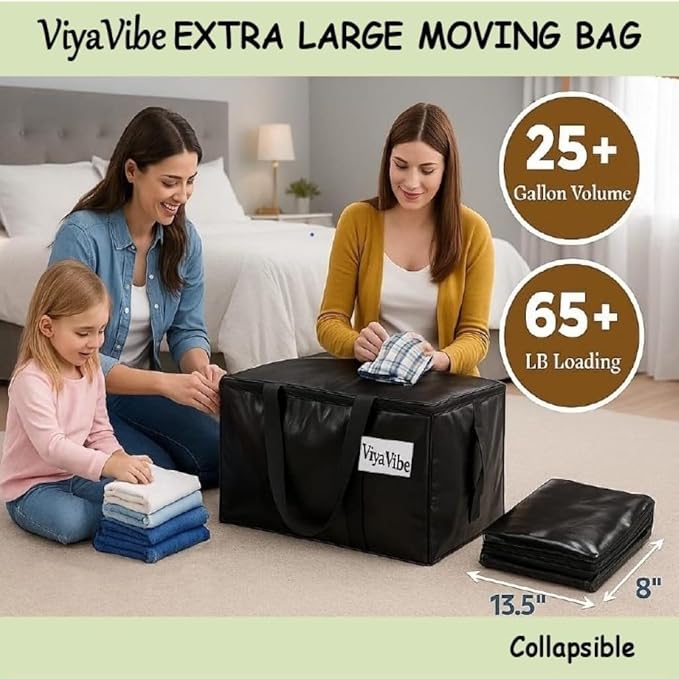 XL Moving Bag – 27"×14"×15.5" (25.4 Gal) Heavy-Duty Collapsible Storage Tote Zipper Lid & Tag Pocket — 2-Pack for Moving, College/Dorm