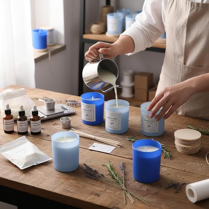 REISEN 12Pcs Assorted Blue Candle Jars, 10oz Glass Candle Containers for DIY Gifts and Storage, Frosted Blue Glass Jars with Bamboo Lids and Labels