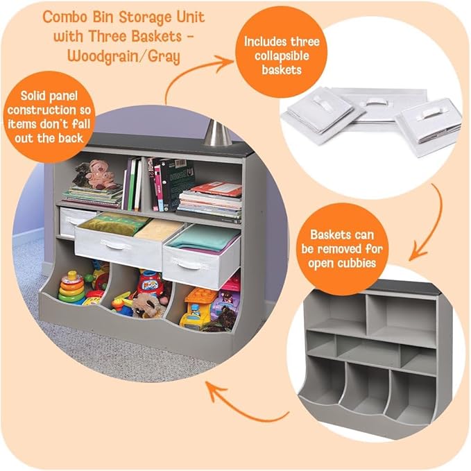 Badger Basket Combo Toy Storage Organizer and Bookshelf - Kids Storage Unit with 3 Removable Baskets, Open Shelves, Top Display Surface - Woodgrain and Gray