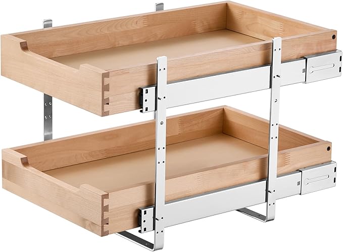 VEVOR 2 Tier Pull Out Cabinet Organizer, 14" W x 21" D Cabinet Drawer, Soft Close Slide out Shelf, Heavy-Duty Sliding Wood Drawer, Adjustable Base Cabinet Organization for Kitchen Pantry Bathroom