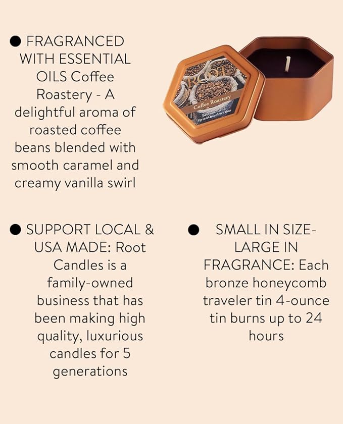 Root Candles Scented Candles in Travel Tin 24-Hour Honeycomb Traveler Handcrafted Premium Beeswax Blend Scented Candle, 4-Ounce, Coffee Roastery