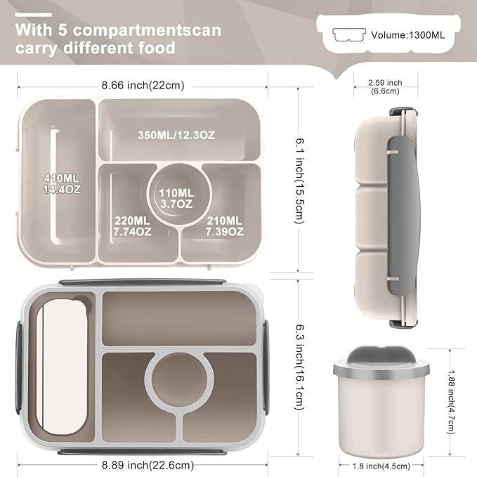 Lunch Box for Adults/Kids/Toddler,5 Compartments Bento Lunch Containers with Sauce Vontainers,Microwave & Dishwasher & Freezer Safe,BPA Free(White)
