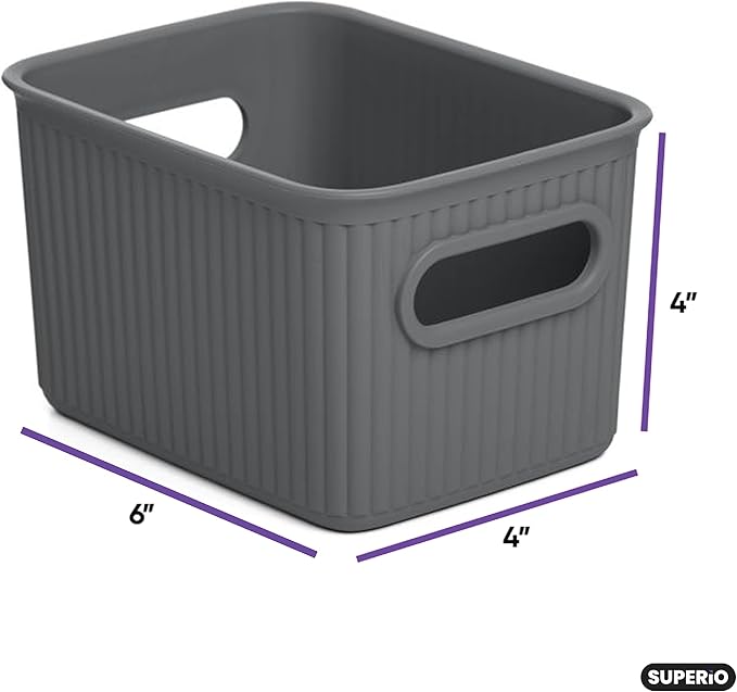 Superio Ribbed Collection - Decorative Plastic Basket Open Home Storage Bins Organizer, Small Grey (2 Pack) Container Boxes for Organizing Closet Storage Bins for Shelves Drawer Shelf 1.5 Liter