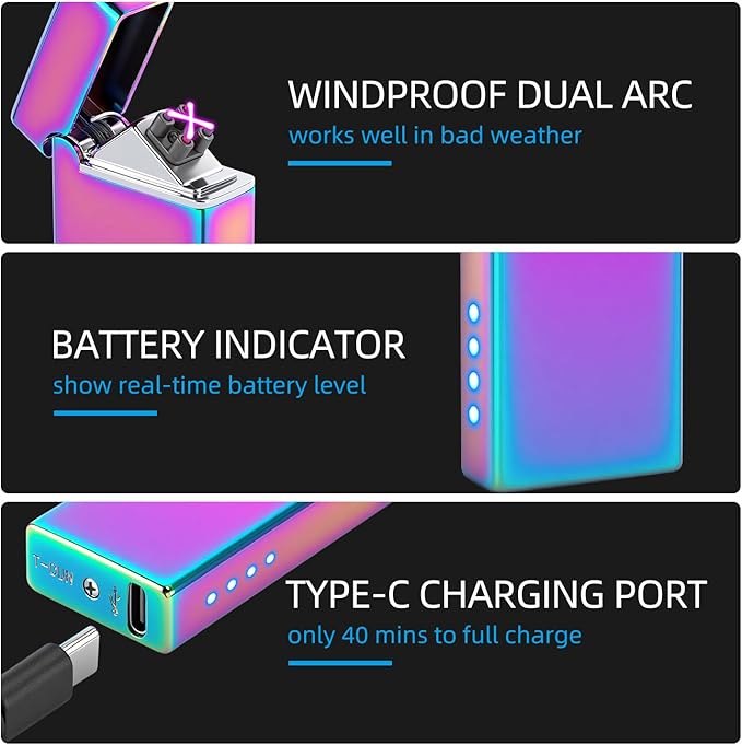 LcFun Electric Lighter USB Rechargeable Windproof Flameless Plasma Dual Arc Lighter, Cute Metal Pocket Lighters for Candle, Small Valentines Birthday Gifts for Women Friends Wife (Multichrome)