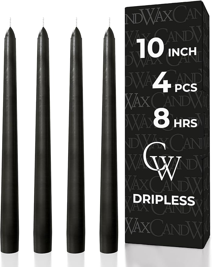 CANDWAX 10 inch Taper Black Candles Set of 4 — Dripless Tall Unscented Black Tapered Candle Sticks — Perfect for Household Decor, Dinner Centerpiece or Halloween Décor