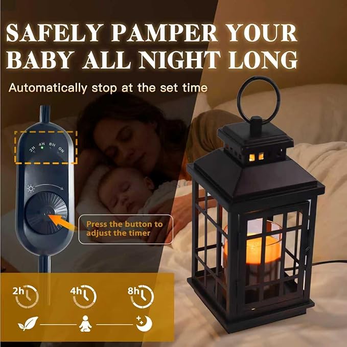 Candle Warmer Lamp with Timer, Farmhouse Enclosed Lantern Style for Jar Candles Under 4" in Diameter, Dimmable Auto Shut-Off Flameless Lamp, Housewarming Gift with 2 Bulbs (Coffee Gold & Black)