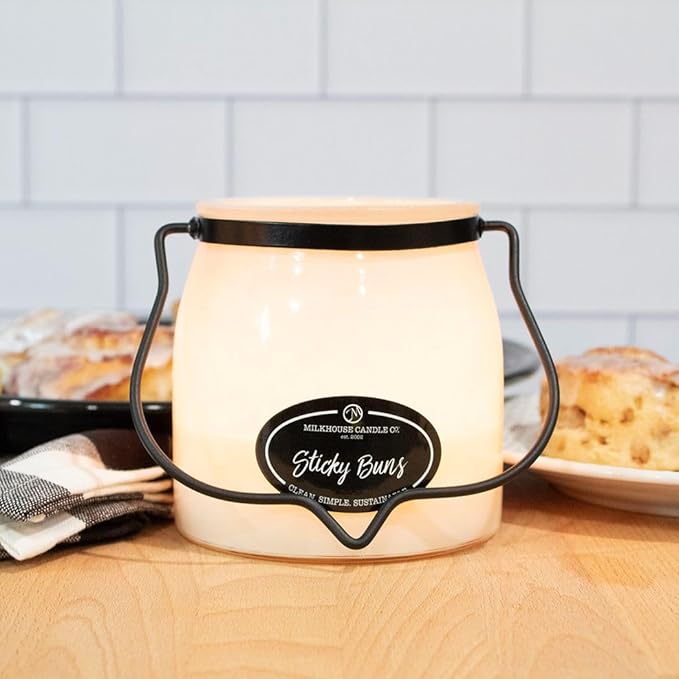 Milkhouse Candle Company Sticky Buns Soy Candle - Cinnamon | Buttery Dough | Vanilla Sugar Scented - 16 oz Butter Jar with Lid, 65+ Hour Burn Time, Made in the USA