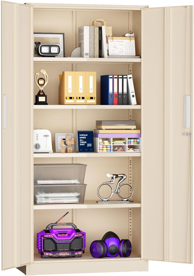 Superday Metal Storage Cabinets, 71" Storage Cabinet with Locking Door, Tall Garage Cabinet with 2 Doors and 4 Adjustable Shelves for Home Office, Classroom, Easy Assemble((Putty)