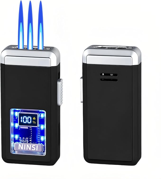Smart Butane Torch Lighter - 4 Ignition Modes, Refillable and Rechargeable Lighters, Windproof Triple Flames with LED Battery Level and Ignition Count Display (Without Fuel) (Black)