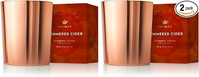 Thymes Scented Candles for Home Decor - Luxury Home Fragrance Gifts for Women & Men - Fall Candles with Warm Notes of Apple, Clove, & Cardamom - Rose Gold Votive (Simmered Cider, 2 oz) (Pack of 2)