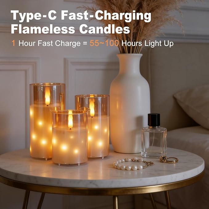 Rechargeable Glass LED Flameless Candles, Embedded Star String Flickering Flameless Candles for Romantic Ambiance and Home Decoration with Remote & Timer(Gold)