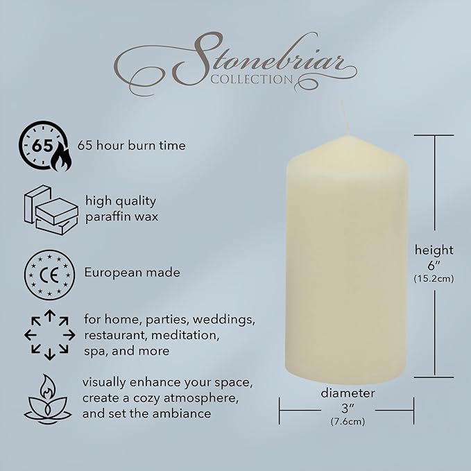 Stonebriar 3 Pack Tall 3 x 6 Inch 65 Hour Long Burning Unscented Ivory Wax Pillar Candles