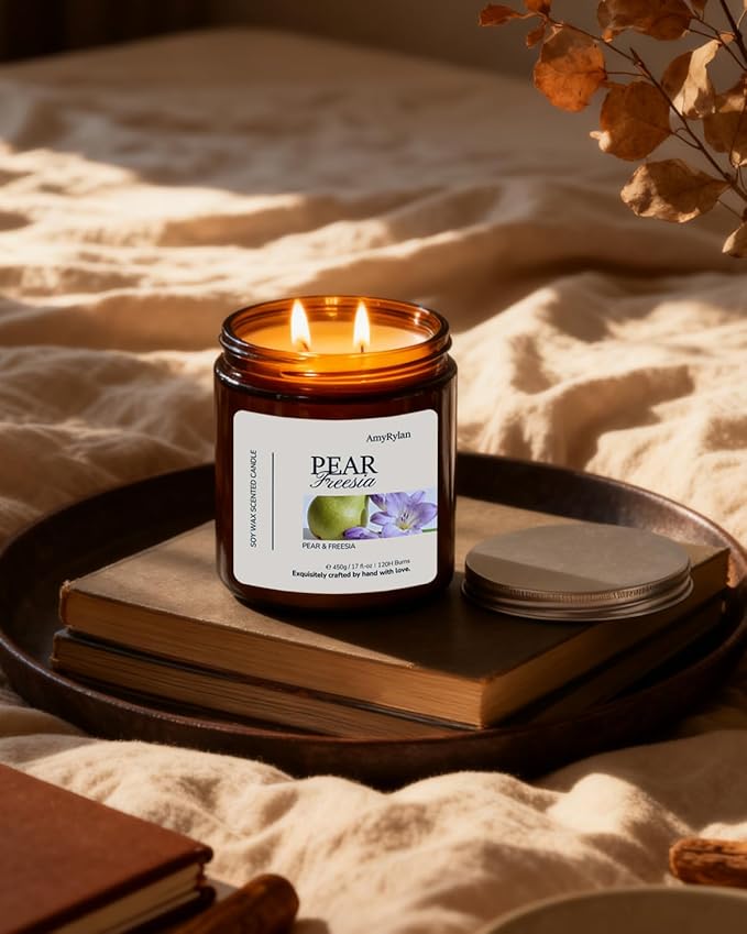 2 Wicks 17oz Large Non-Toxic Soy Wax Scented Candle, Pear & Freesia 120 Hours of Burn Time, Long Lasting Large Candle for Gift, Cost-Effective Candle for Home Fragrance, Aromatherapy