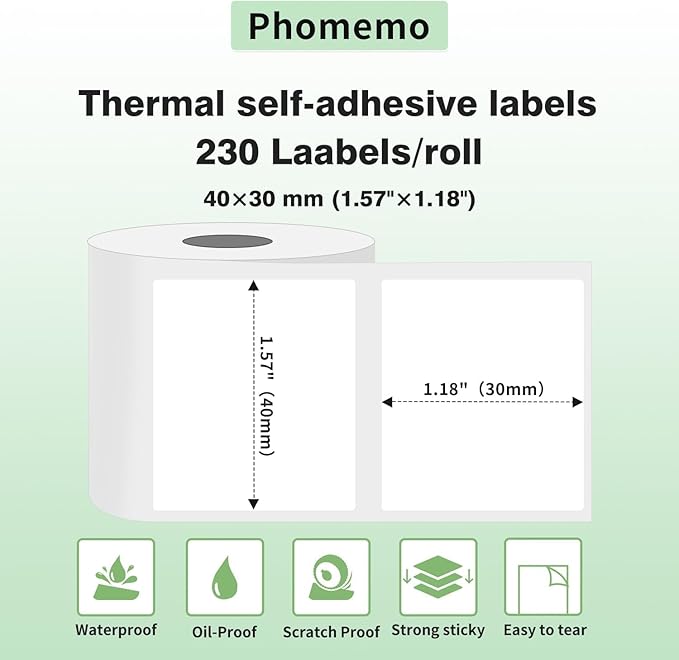 Phomemo M110 Labels Multi-Purpose Self-Adhesive, Thermal Paper Compatible with Phomemo M220 M221 M150 M250 M260 M108 M100 Label Printer, Black on White, 1.57"x1.18"(40x30mm), 230 Label/Roll