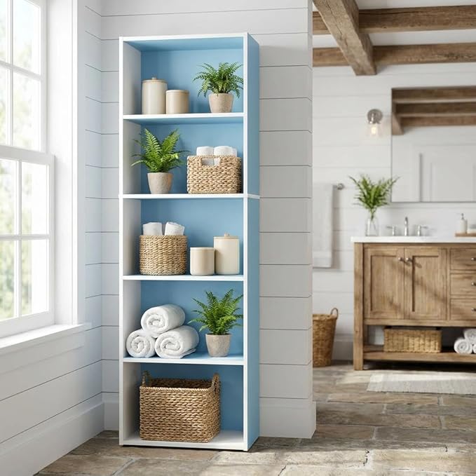 Furnifact White and Light Blue 5-Tier Reversible Open Shelf Bookcase, Durable, Spacious Storage, Versatile for Living Room or Office
