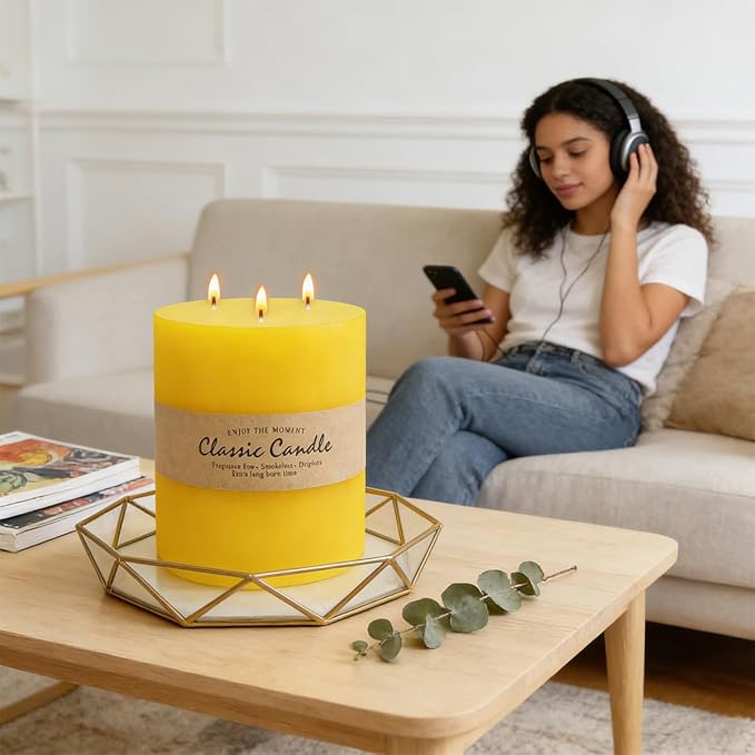 Large 3-Wick Yellow Pillar Candle - 6x6 Inch Dripless & Smokeless Unscented Fat Candle, 120 Hour Long Burning Hand-Poured Thick Candle with Cotton Wicks