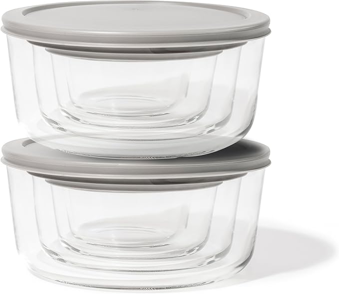 DURA LIVING 16-Piece Glass Food Storage Containers Set (8 Containers + 8 Lids) | Round, Nesting, Microwave & Dishwasher Safe | BPA-Free, Space-Saving | Grey Lids for Pantry & Kitchen Organization