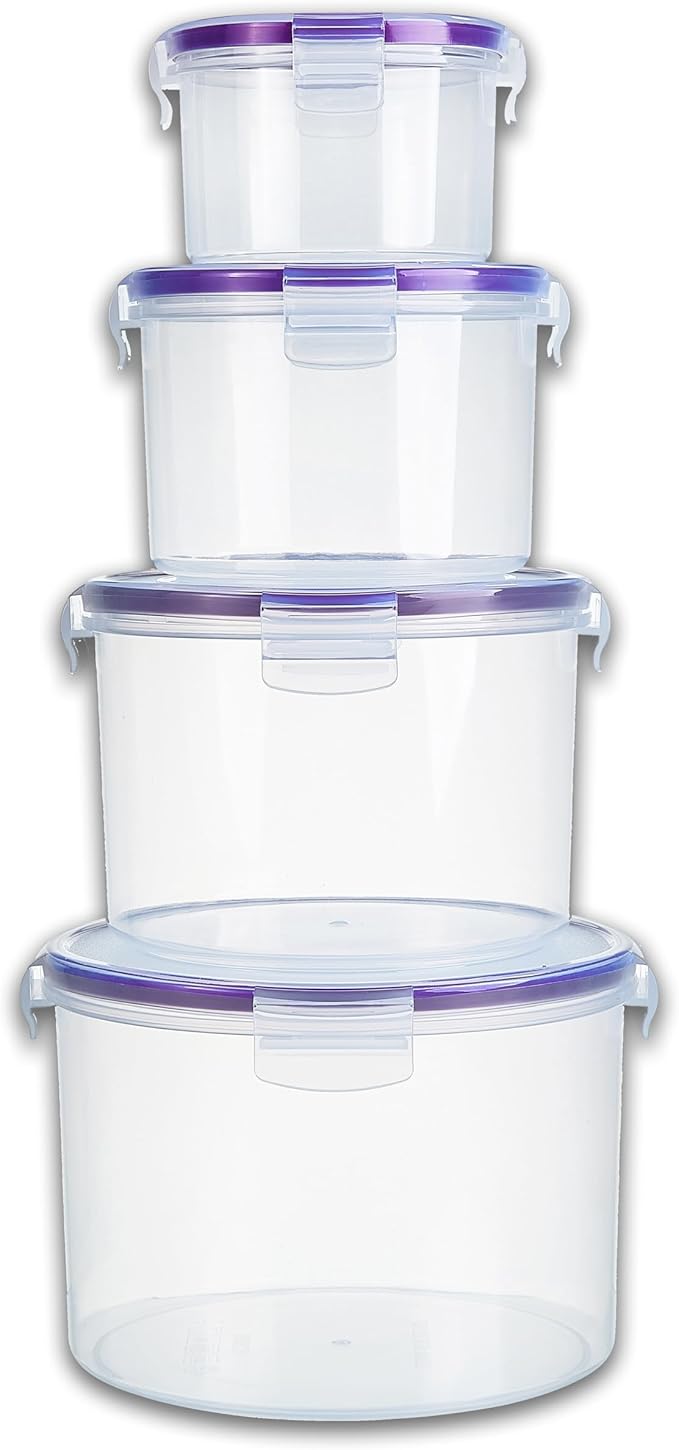 Set of 4 Round Nesting Food Storage Containers - Reusable, BPA Free Plastic, Snap Lock Lids With a Leakproof Silicone Seal. Great for Snacks, Soup, Fruit, Salad and Food Storage