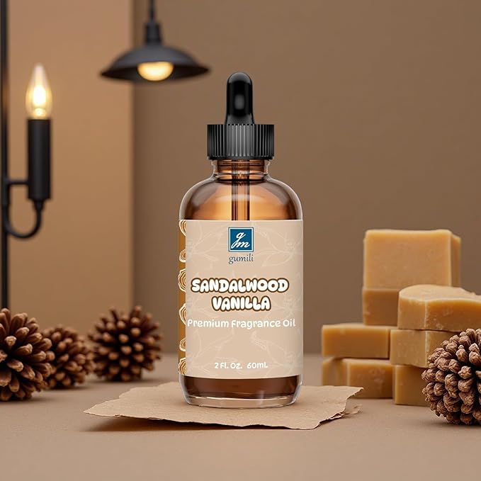 GM Gumili Sandalwood Vanilla Fragrance Oil 2 Oz, Natural Scent Oil for Home Essential Oils Diffuser, Candle Making, Soap Making, DIY Body Oils, Perfume, Body Mist, Spray - Sweet Woody Scent