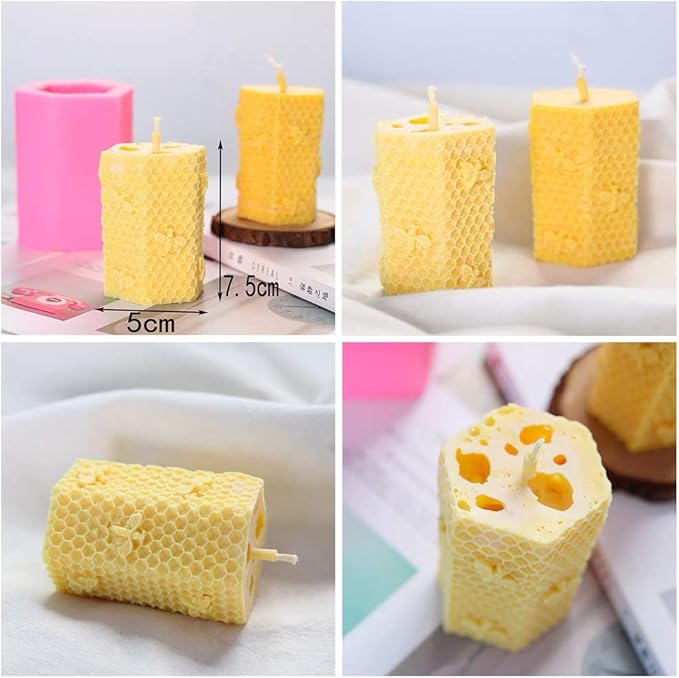 3D Bee Honeycomb Candle Molds with 50Pcs Low Smoke Candle Wicks, Hexagon Beehive Silicone Molds for Making Beeswax Candles Soaps Lotion Bars Bath Bombs (Set of 2)