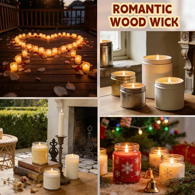 100-Pack Crackling Wooden Candle Wicks — Natural Thick & Smokeless, 0.75 x 5.12 Inch, with Metal Wick Clips and Holder Bases