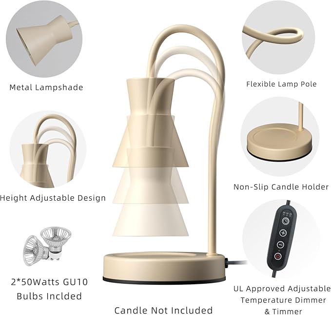 LALISU Candle Warmer Lamp with Timer and Dimmer, Vintage Electric Candle Melter with 2 Bulbs, Melter Scented Candle Height Adjustable Compatible with Jar Candles, House Warming Gifts (Beige)