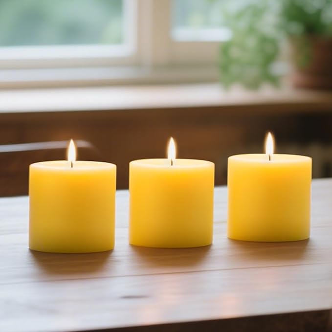 3 Pack Beeswax Candles - 3x3inchs Emergency Candles, Beeswax Pillar Candles 150 Hours Long Burning, Organic Unscented Dripless Smokeless Bees Wax Candle Bulk for Home Paryer Party (3x3in)